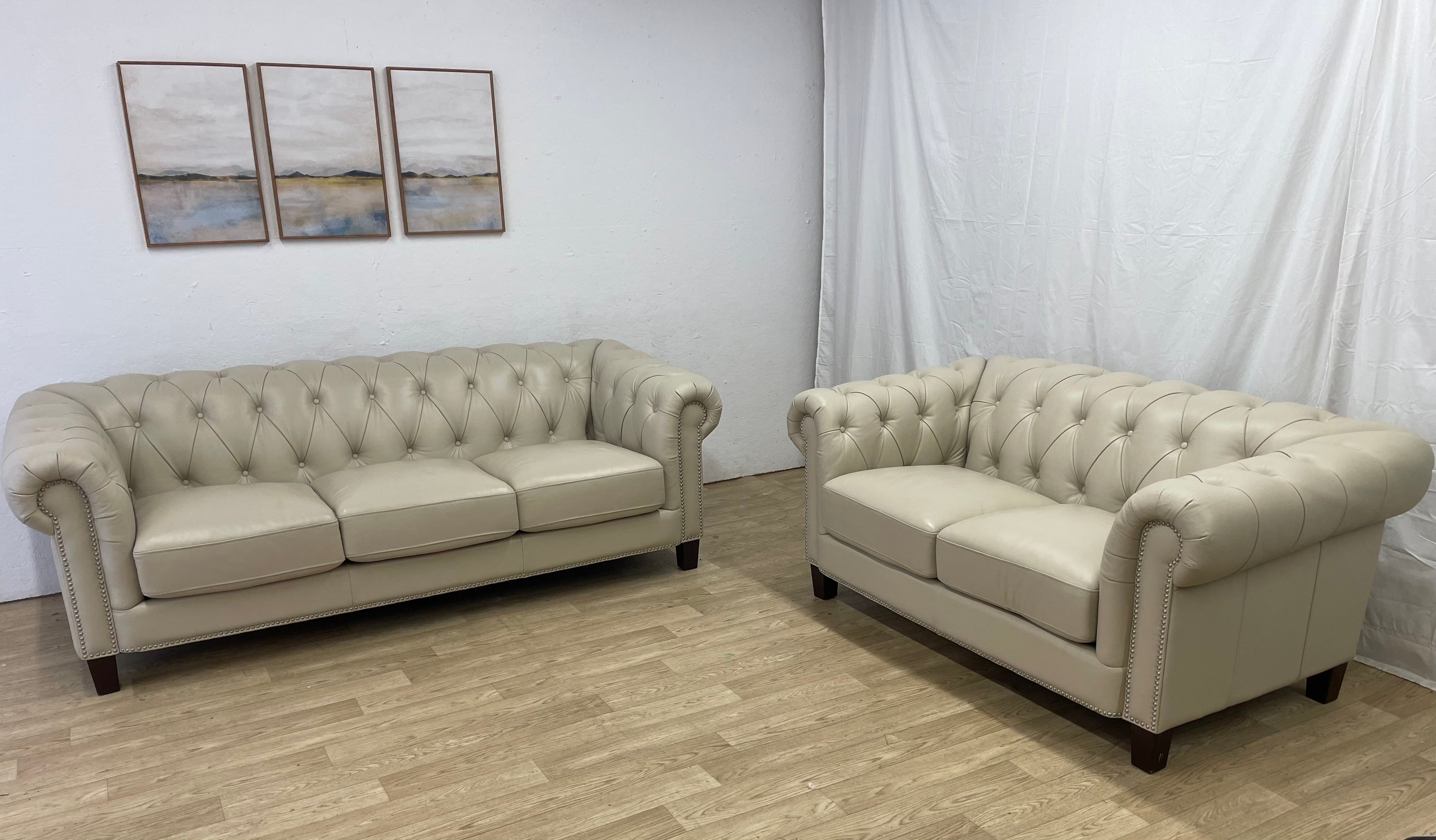 Chesterfield Top Grain Cream Leather Sofa Set