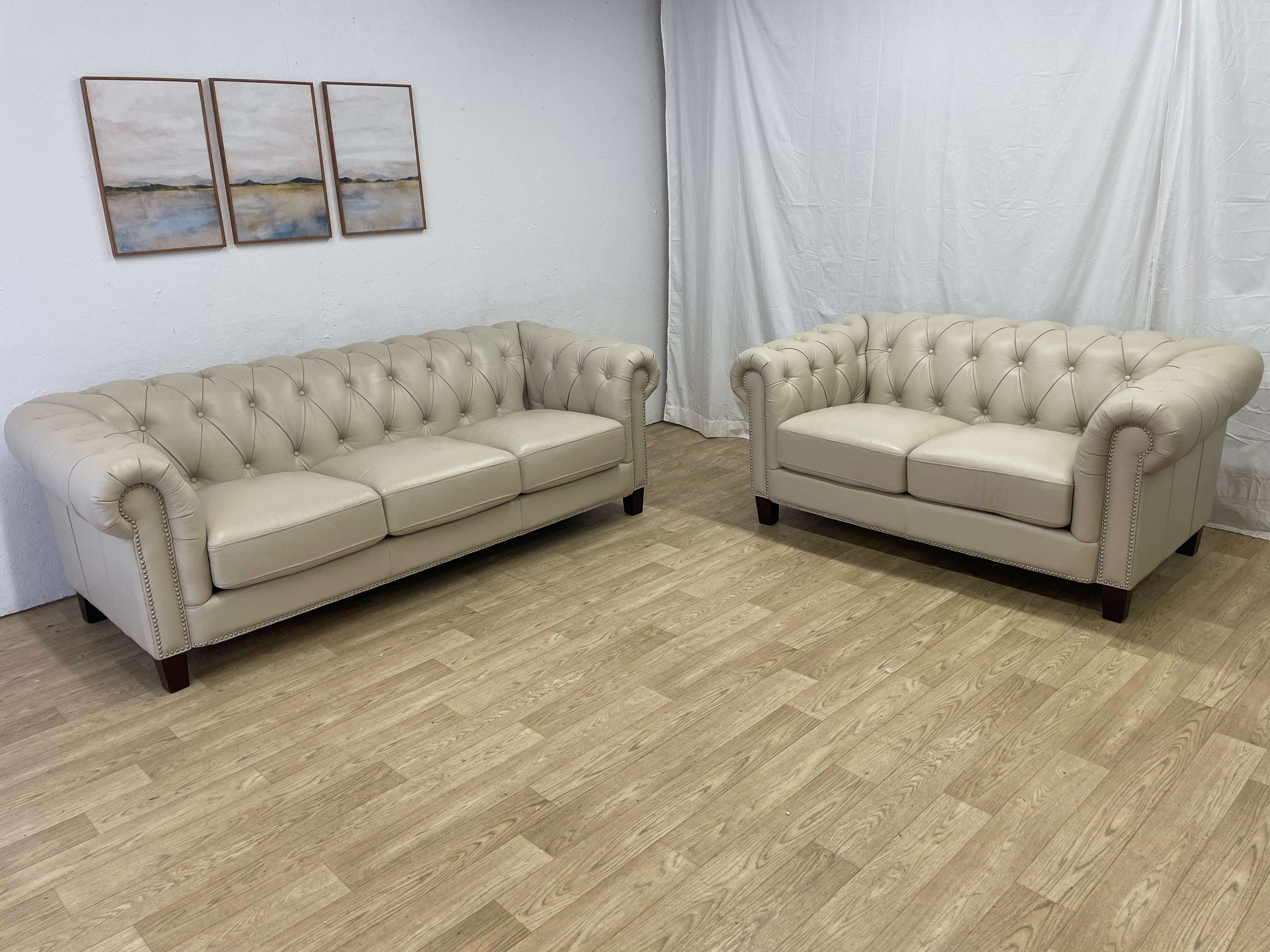 Chesterfield Top Grain Cream Leather Sofa Set
